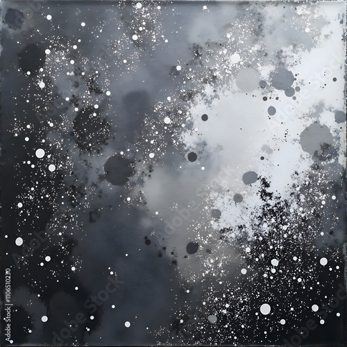 Mysterious cosmic spatter in shades of black and white, digital painting of abstract art concept.