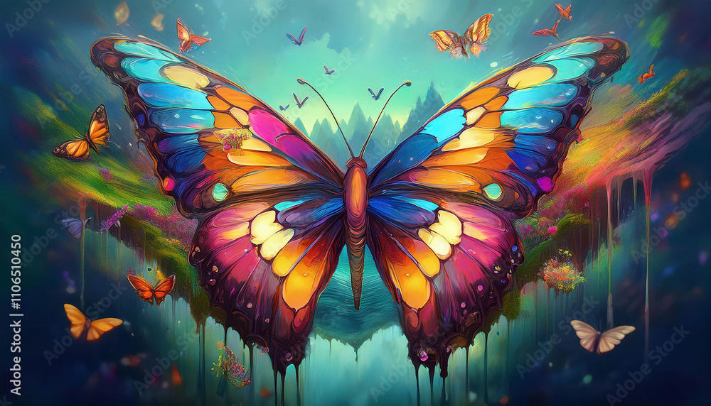 Watercolor painting, dripping, in the shape of a multi-colored butterfly. Watercolor painting, dripping, in the shape of a multi-colored butterfly.