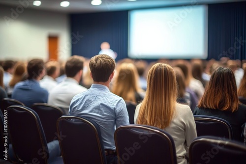 Business Presentation in Conference Room with Audience Attending Seminar or Training Session photo