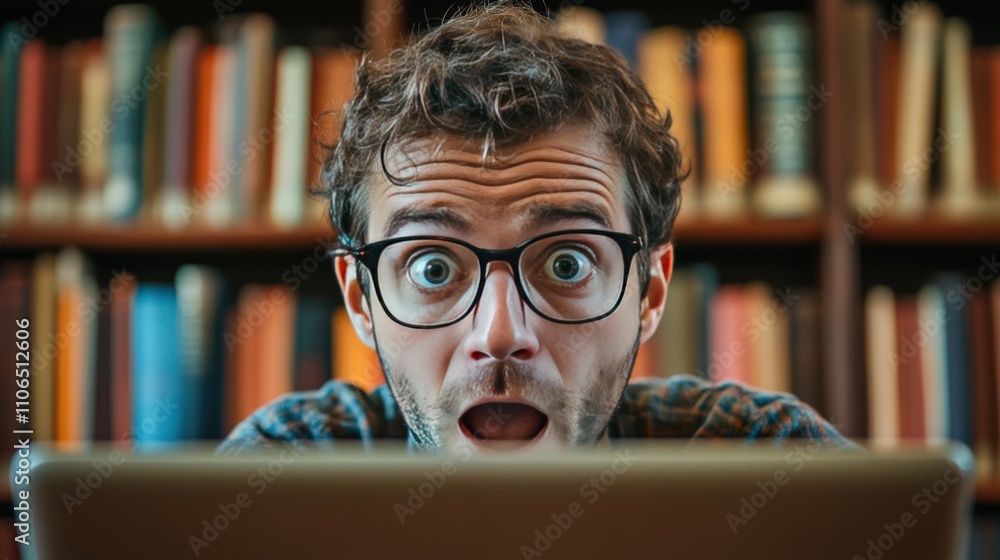 Surprised Man in Library Setting Surprised Man in Library Setting