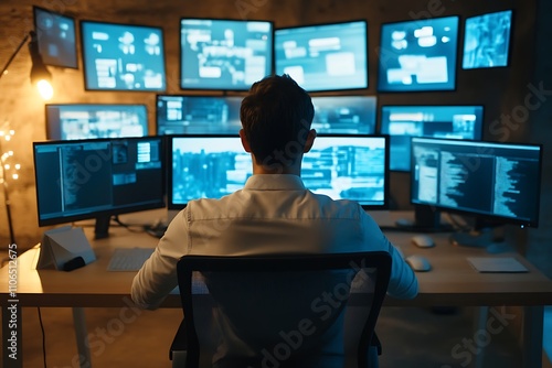 IT professional working at a server room. Concept of cybersecurity, data analysis, and technology.