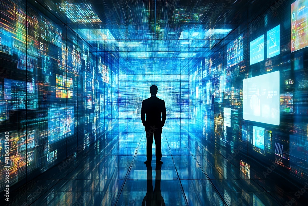 Businessman in a futuristic data tunnel. Concept of big data, technology, and innovation. Businessman in a futuristic data tunnel. Concept of big data, technology, and innovation.