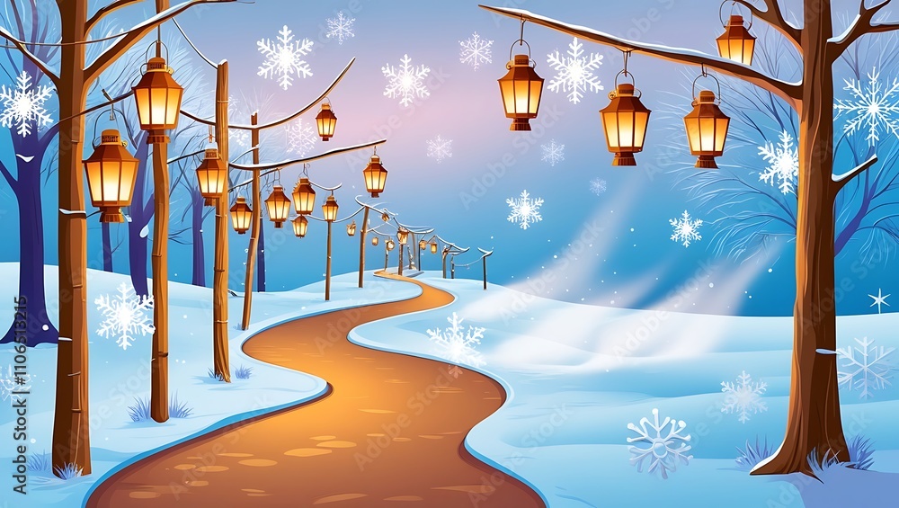 Obraz premium Winter Wonderland Path Illuminated By Lanterns