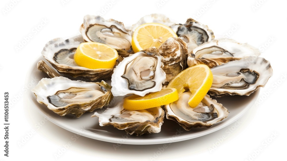 Highly realistic and finely detailed shot of fresh oysters with lemon slices
Highly realistic and finely detailed shot of fresh oysters with lemon slices