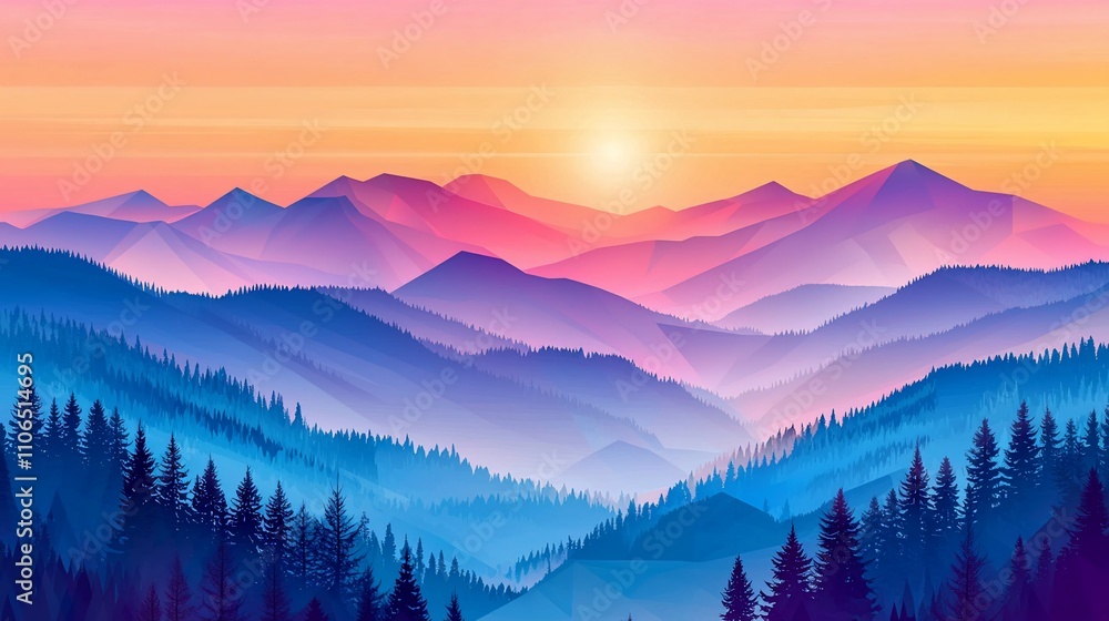 Obraz premium Vibrant sunset over a majestic mountain range, showcasing colorful peaks and valleys shrouded in mist, with a foreground of dark evergreen trees.