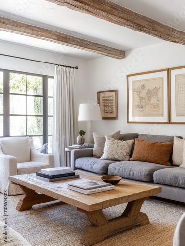 Rustic Living Room Decor With Wooden Beams And Gray Sofa