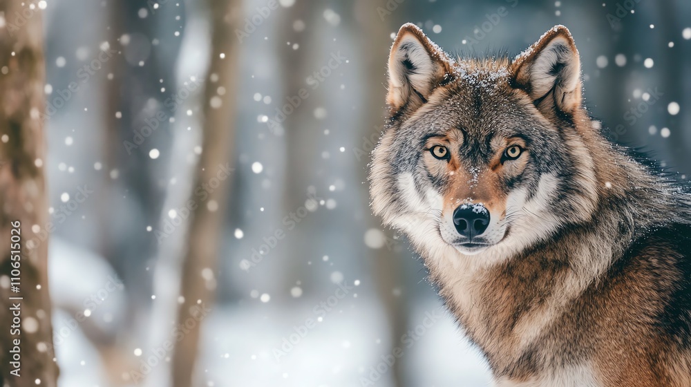 A wolf with piercing eyes stares intensely at the camera from behind a bush of orange leaves. A wolf with piercing eyes stares intensely at the camera from behind a bush of orange leaves.