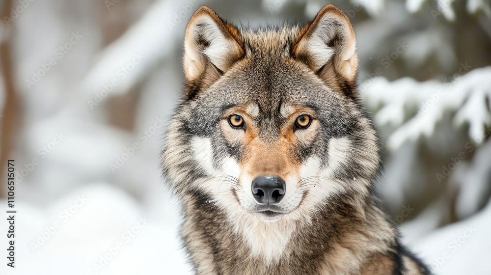 A wolf stands in a snowy forest and looks intently at the camera. A wolf stands in a snowy forest and looks intently at the camera.