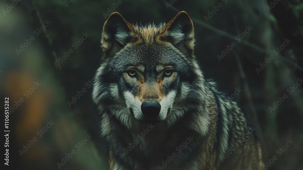 Fototapeta premium A wolf with piercing eyes stares intensely at the camera from behind a bush of green leaves.
