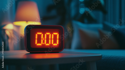 midnight time on digital alarm clock watch red display screen. modern led wake up reminder object, minute hour countdown object, electrical measure equipment, snooze, home device, sleep.