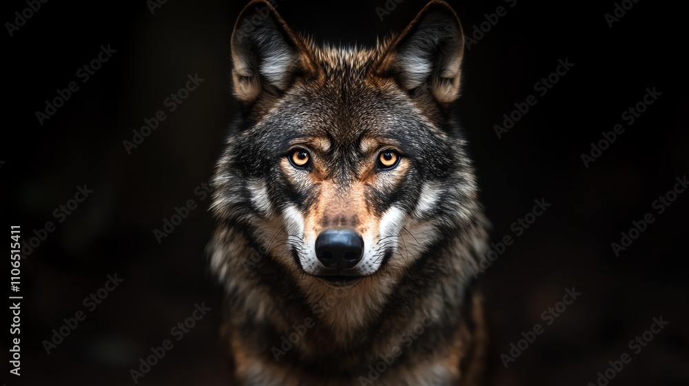 Obraz premium A wolf with piercing eyes stares intensely at the camera.
