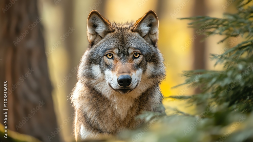 Fototapeta premium A wolf sits in a forest and stares at the camera with soft eyes.