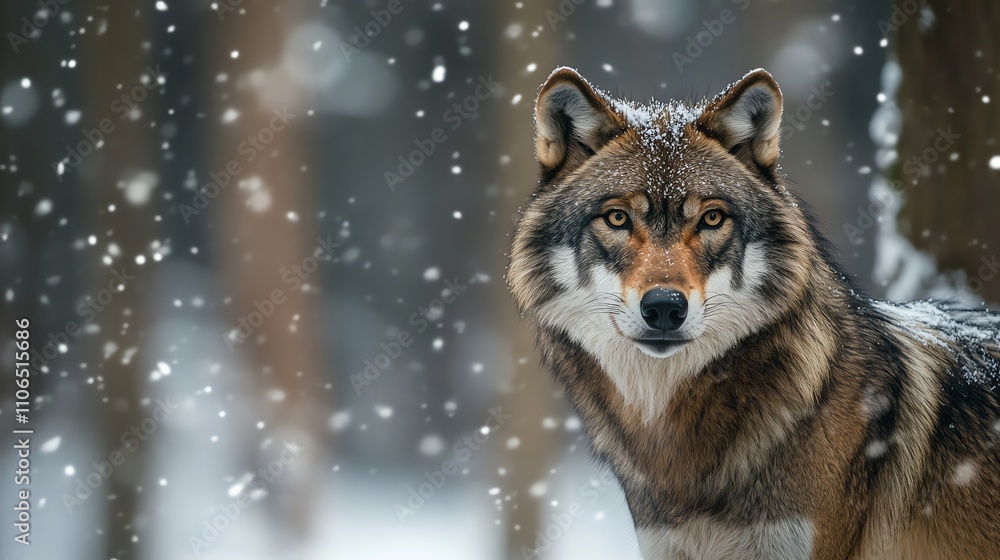 A wolf stands in a snowy forest and looks intently at the camera. A wolf stands in a snowy forest and looks intently at the camera.
