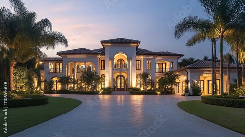 Empty driveway in front of the big white luxury dream house in the evening. residential home building exterior, expensive dwelling, wealthy rich family property and yard. glowing mansion prestige. photo