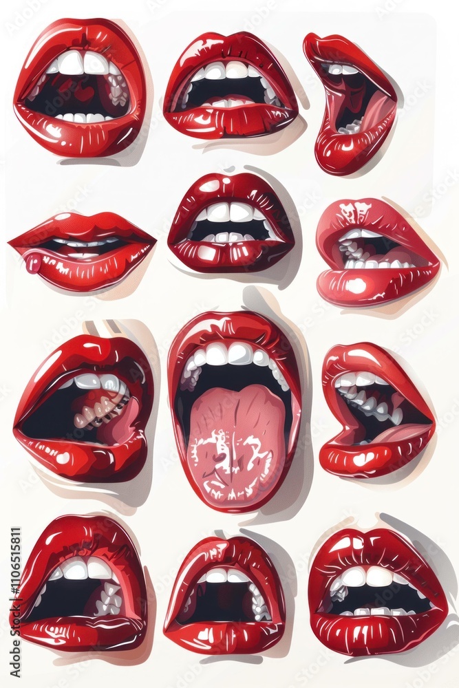 Collection of vibrant red lips showcasing various expressions and movements, highlighting beauty and emotion in a playful artistic style. Collection of vibrant red lips showcasing various expressions and movements, highlighting beauty and emotion in a playful artistic style.