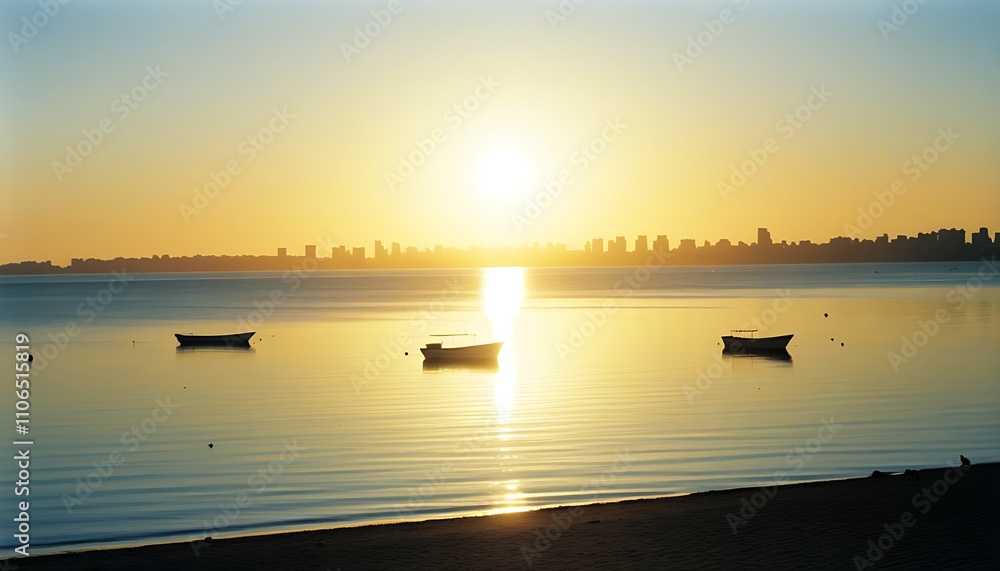 Golden hour beach beauty, serene fishing boat and captivating horizon Golden hour beach beauty, serene fishing boat and captivating horizon