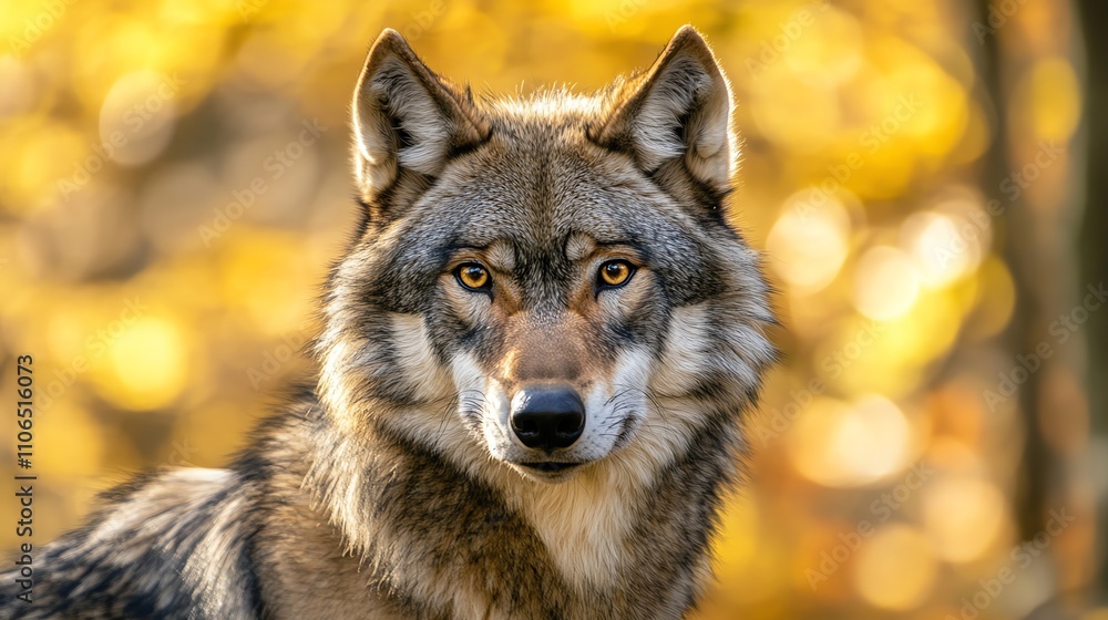 Obraz premium A wolf looks to the side with a blurred forest background.