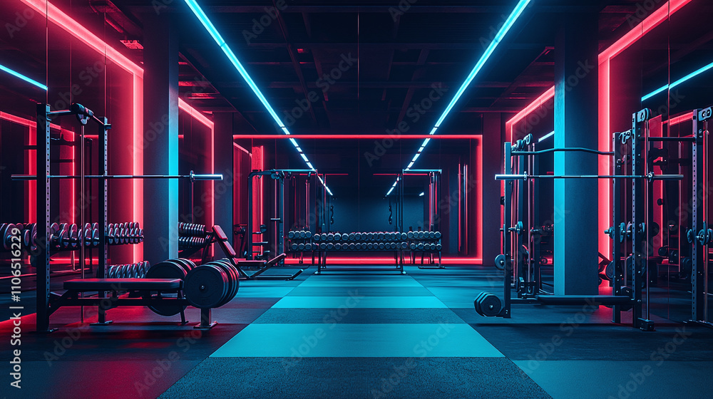 Wide angle photography of an empty modern gym room interior full of weights, bars and racks. strong artificial red and blue lighting illuminating the room, nighttime shadows, no people, nobody. Wide angle photography of an empty modern gym room interior full of weights, bars and racks. strong artificial red and blue lighting illuminating the room, nighttime shadows, no people, nobody.