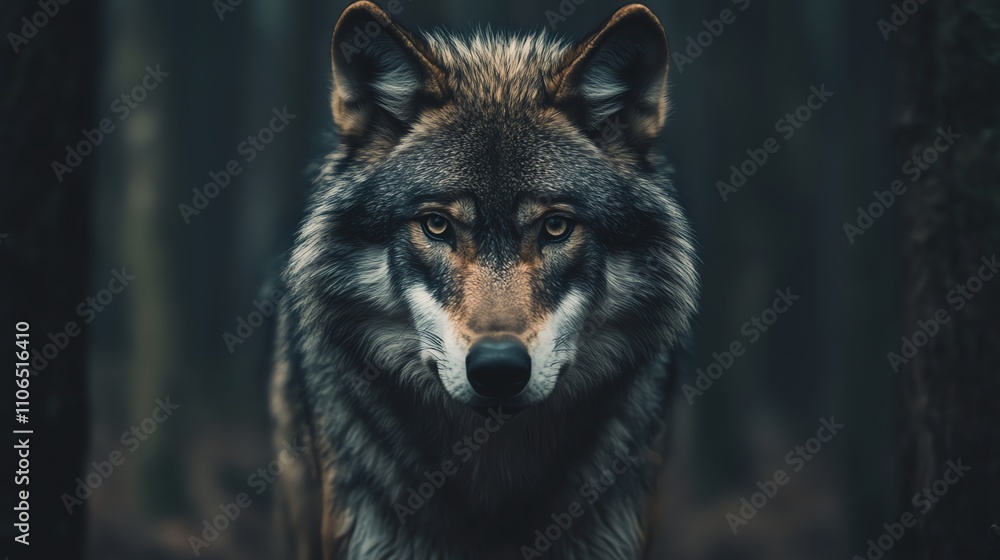A wolf with piercing eyes stares intensely at the camera. A wolf with piercing eyes stares intensely at the camera.