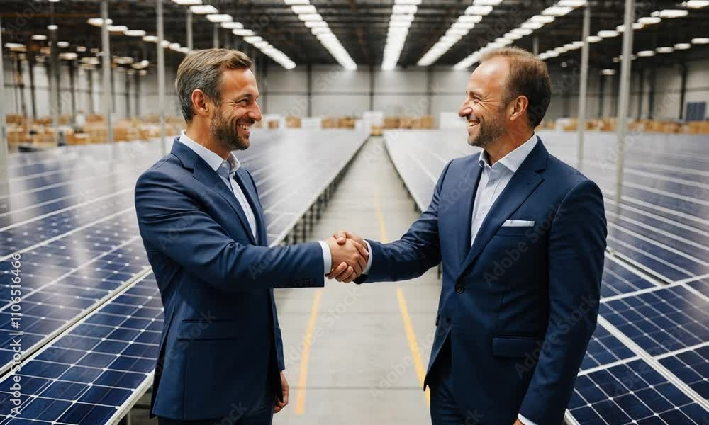 Two men shaking hands in a large room Two men shaking hands in a large room