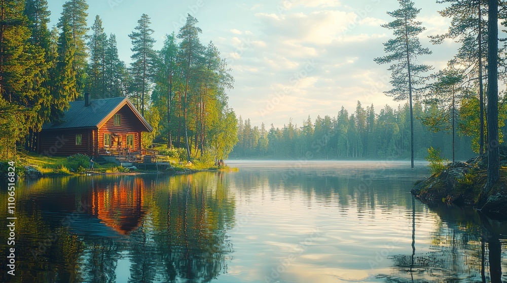 Naklejka premium Tranquil Cabin by Serene Lake in a Forest Setting