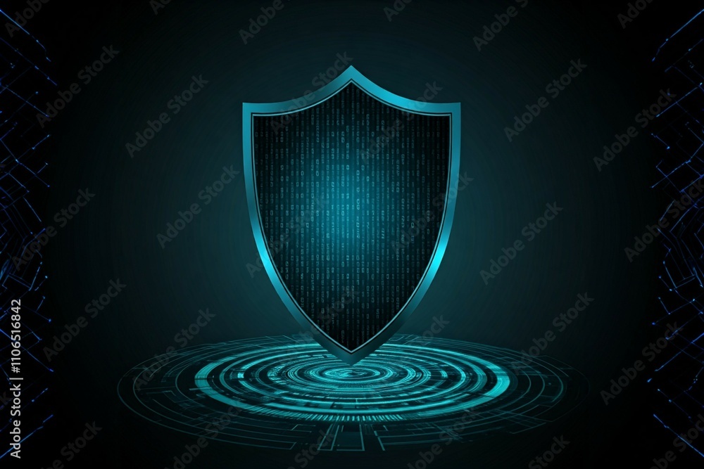 Fototapeta premium Digital shield with binary code on a futuristic interface, representing cybersecurity.