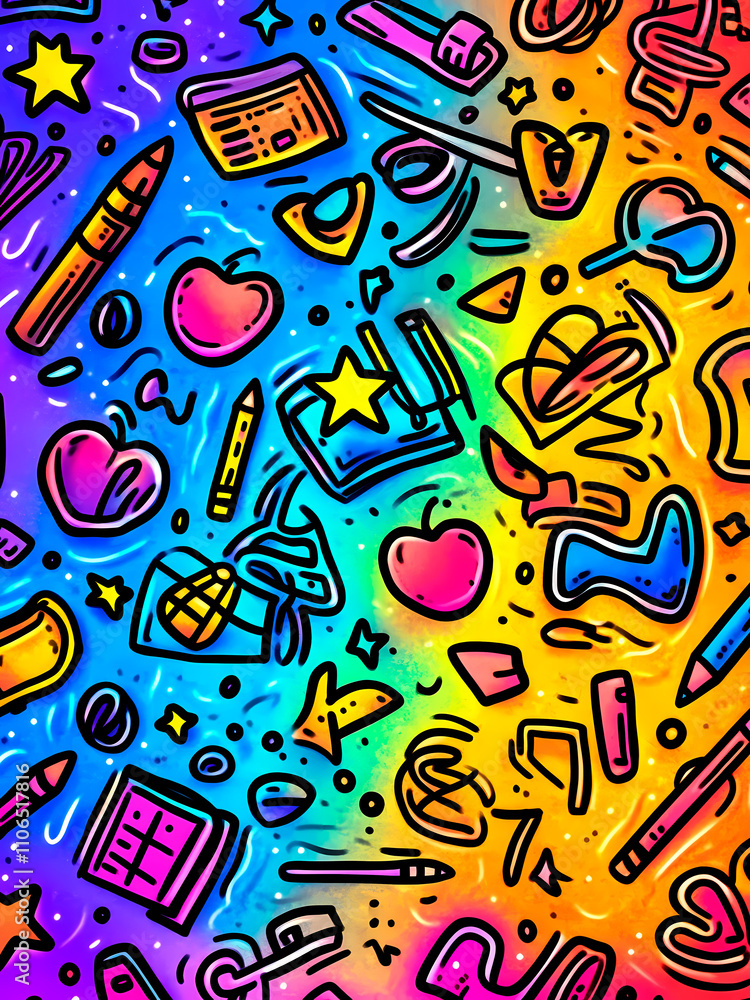 Fototapeta premium AI-Generated image of A colorful drawing of school supplies and a star. The drawing is in the shape of a book