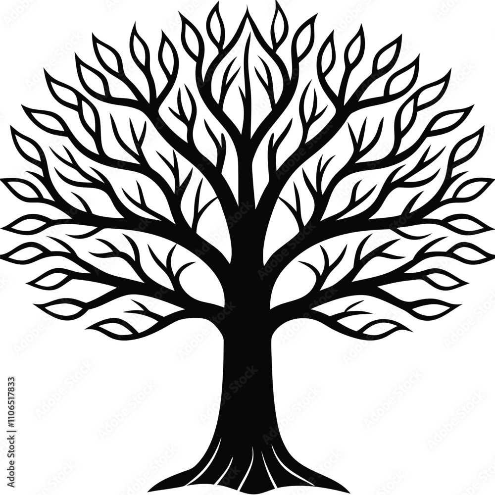 Obraz premium Black and white silhouette of a tree with intricate branches, symbolizing nature, growth, and life.