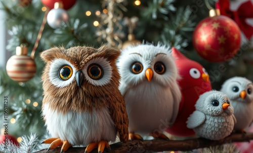 owl christmas Christmas toys in the form of owl and other birds decorated christmas tree background happy new year concept  animal, decoration, season, bird photo