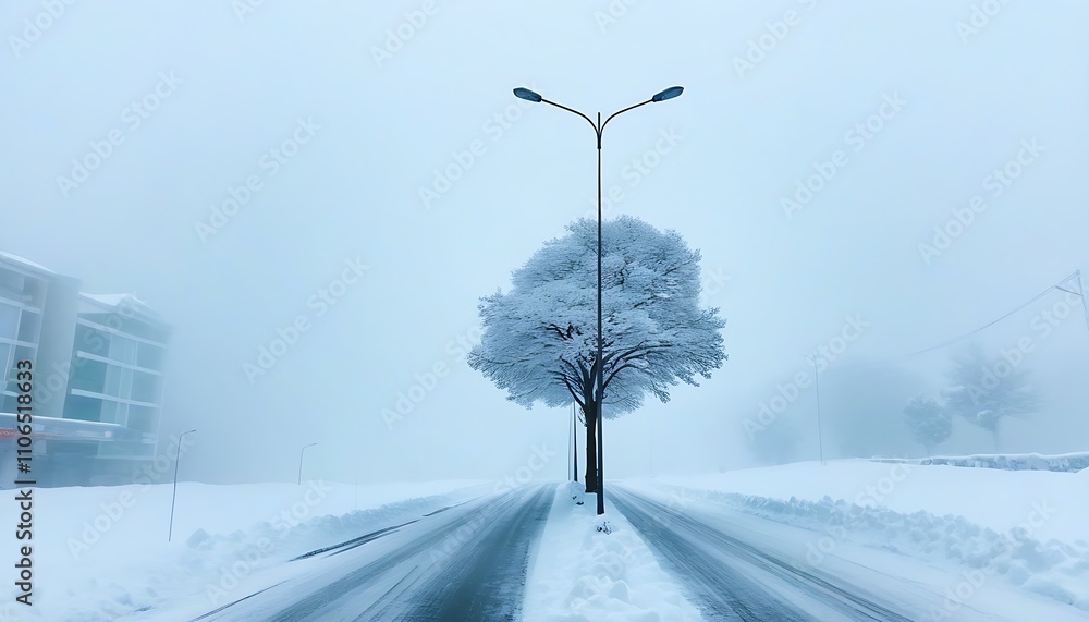 Tranquil Street Scene with Street Lights in a Winter Snowfall Tranquil Street Scene with Street Lights in a Winter Snowfall