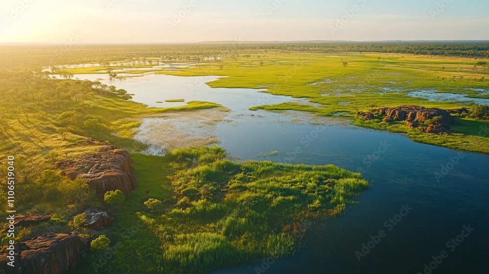 Aerial view of serene Australian outback wetland at sunset, showcasing lush greenery, calm waters, and rocky outcrops.