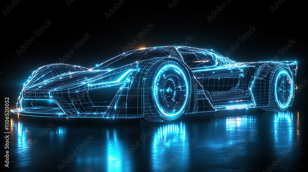 A wireframe hologram of an Indy car on the track, glowing blue lights, speed and motion, detailed racing wheels with low-profile tires A wireframe hologram of an Indy car on the track, glowing blue lights, speed and motion, detailed racing wheels with low-profile tires