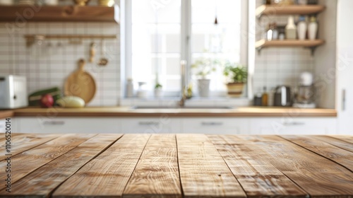 Blurred kitchen interior with wooden table top and space for text