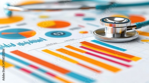 Colorful Statistical Analysis with Stethoscope on Medical Reports and Graphs, Representing Data Review and Health Insights in a Professional Setting