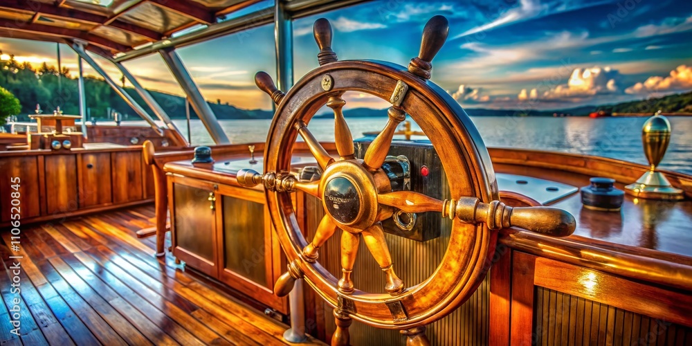 Obraz premium Architectural Photography of a Large Boat's Steering Wheel Capturing the Intricate Design and Structure of Nautical Elements in a Marine Environment