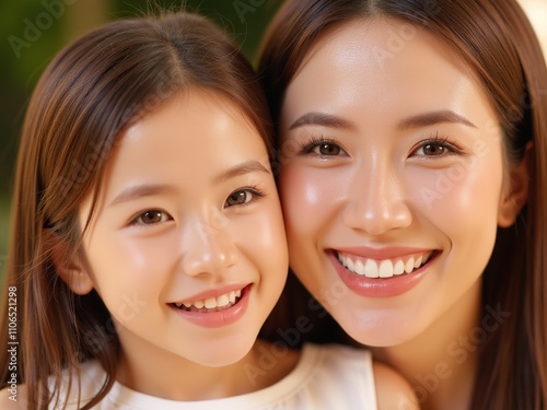  A closeup shot of a smiling mother and daughter, showcasing their happiness and bond. Soft lighting enhances their radiant skin and joyful expressions.