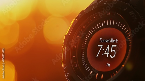 Close-up of a digital watch displaying 'Sunset Alert' and the time 7:45 PM against a warm, blurred sunset background. photo