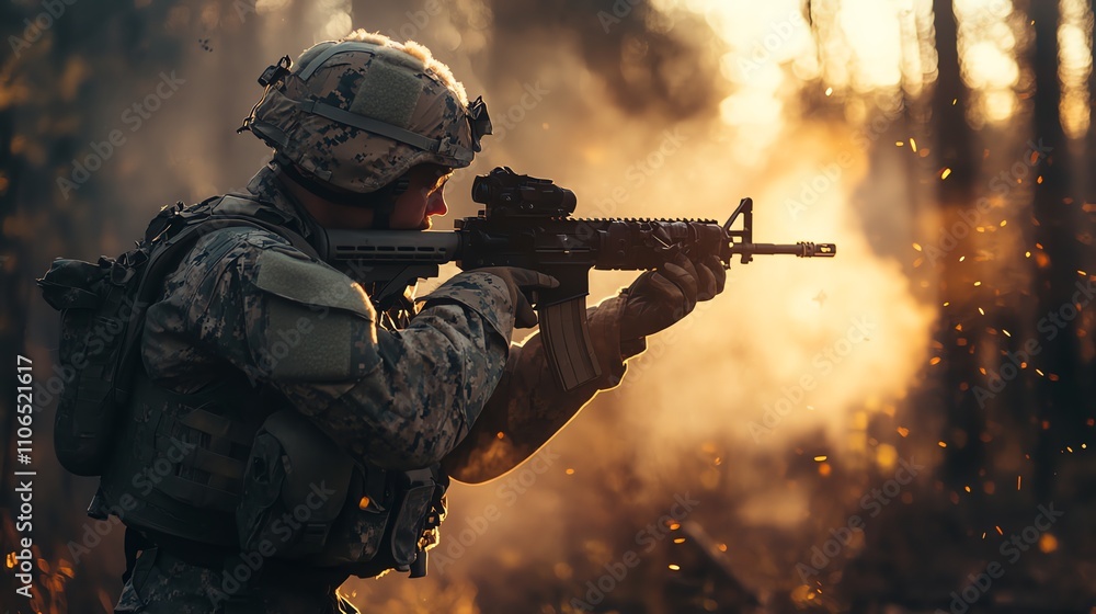 A soldier fires a rifle in a warzone. A soldier fires a rifle in a warzone.