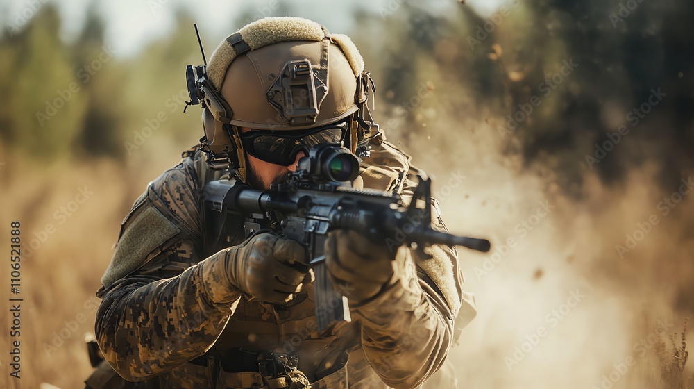 A soldier in camouflage gear aims a rifle at a target, amidst smoke. A soldier in camouflage gear aims a rifle at a target, amidst smoke.
