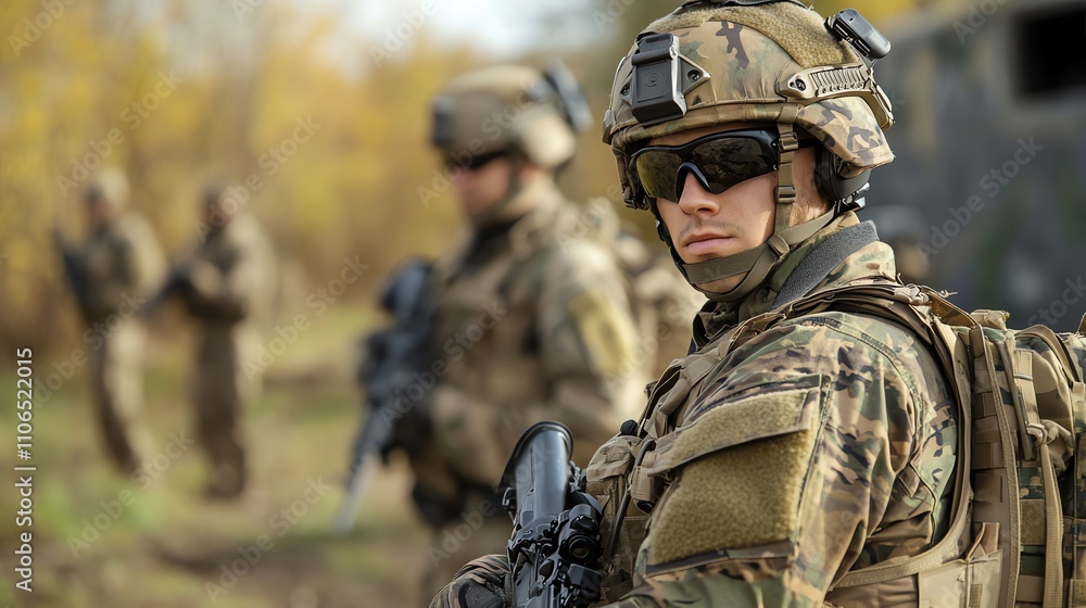 A soldier in camouflage gear stands in a field, with a rifle strapped to his shoulder. A soldier in camouflage gear stands in a field, with a rifle strapped to his shoulder.