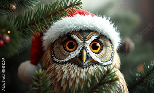 owl christmas Owl wearing a santa hat, surrounded by evergreen branches  animal, decoration, season, bird photo