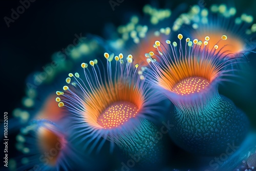 Close-up of glowing bioluminescent marine organisms with intricate and colorful details under dark waters photo