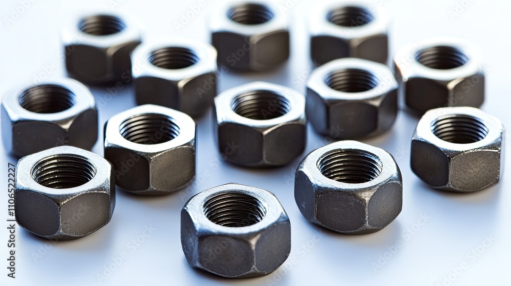 Close-Up View of Various Metal Nuts on a Bright Surface Close-Up View of Various Metal Nuts on a Bright Surface