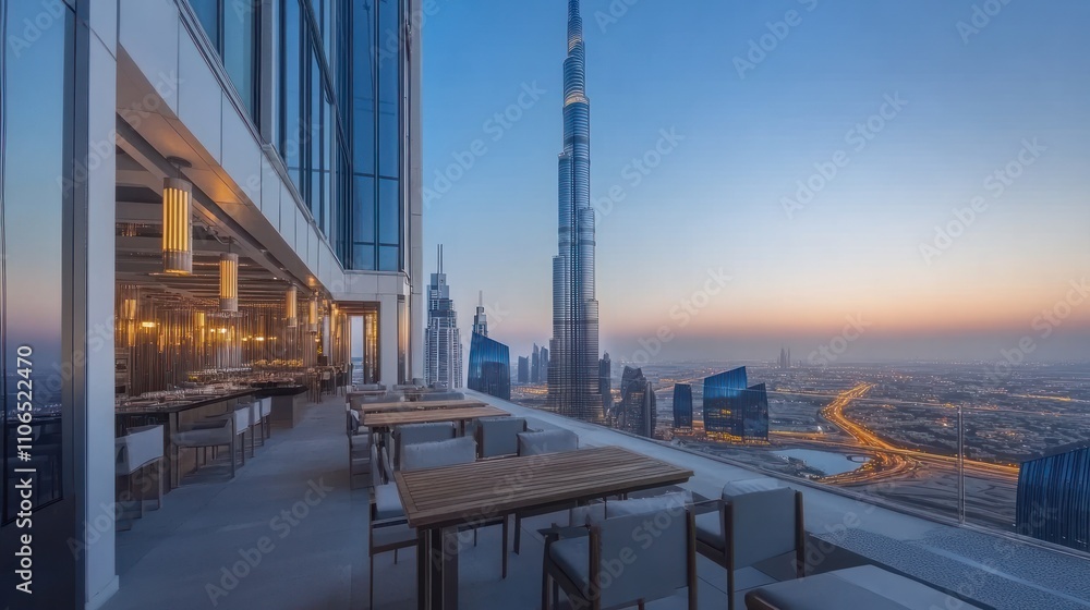 Rooftop restaurant with city skyline view at sunset. Rooftop restaurant with city skyline view at sunset.