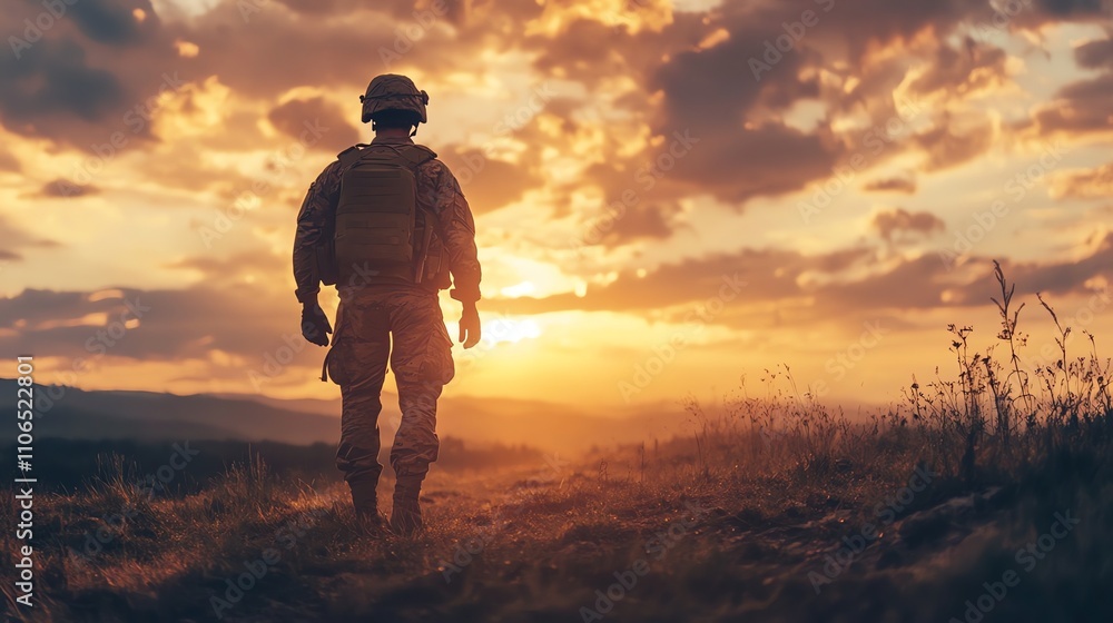 A soldier walks through a field at sunset. A soldier walks through a field at sunset.