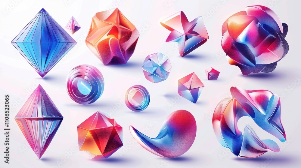 A collection of colorful 3D geometric shapes in vibrant gradients. A collection of colorful 3D geometric shapes in vibrant gradients.