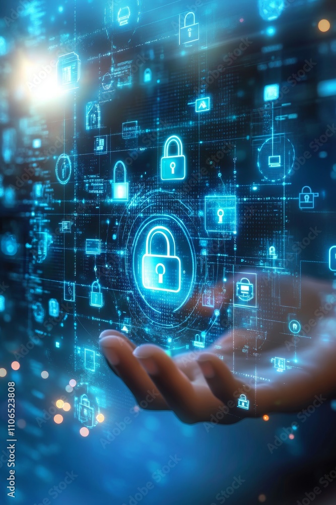 Futuristic Holographic Security Interface with Advanced Technology and Digital Protection Concepts Futuristic Holographic Security Interface with Advanced Technology and Digital Protection Concepts