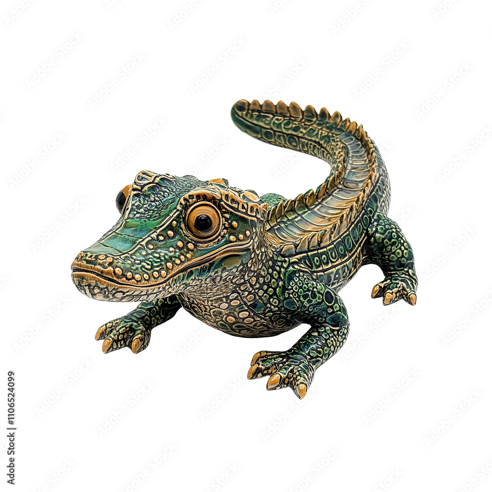 Obraz premium Exquisite Hand-Painted Green and Gold Alligator Figurine - Decorative Reptile Statue