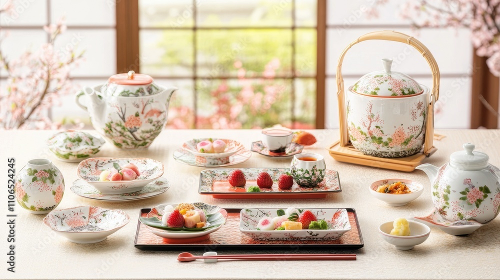 Elegant Japanese Tea Set with Fruits and Sweet Delights on Table Elegant Japanese Tea Set with Fruits and Sweet Delights on Table