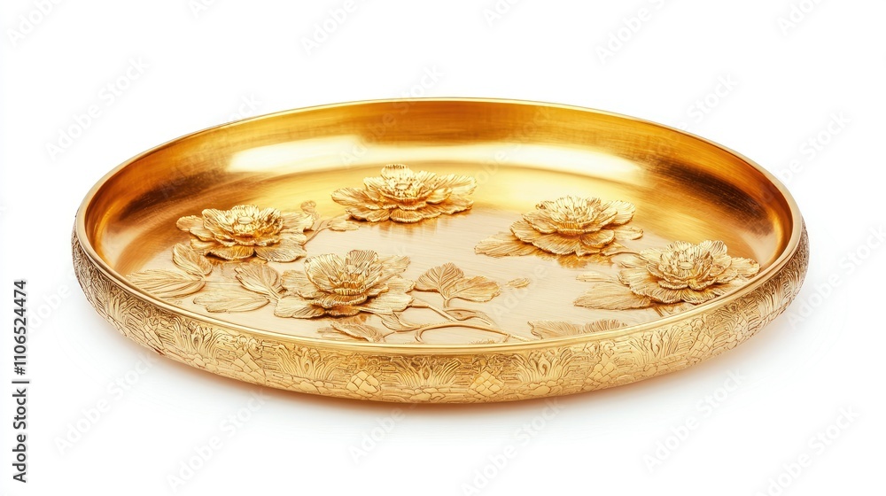 Elegant Golden Tray with Floral Design and Intricate Details Elegant Golden Tray with Floral Design and Intricate Details